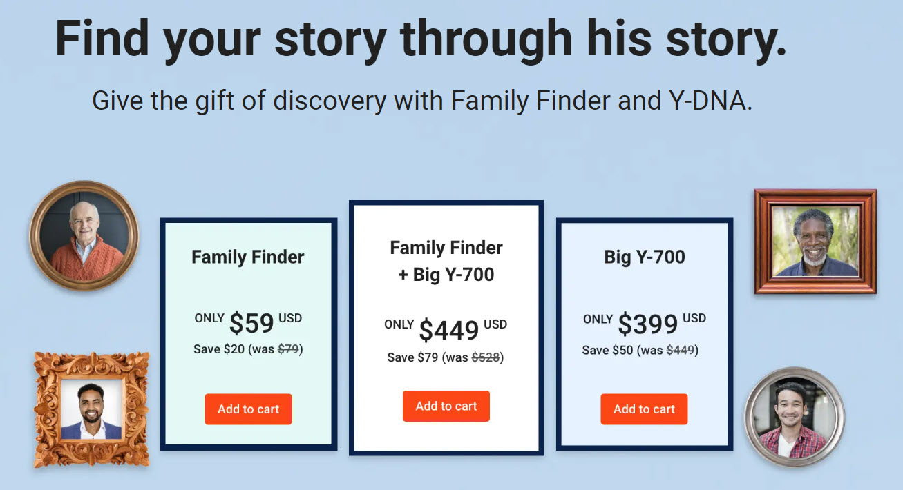 Save on Y-DNA and Family Finder DNA test kits at FamilyTreeDNA!  FamilyTreeDNA is holding an AMAZING Father's Day Sale with some GREAT prices on DNA test kits and bundles! "Father’s Day is almost here, so get a jump on honoring Dad with extra savings on our best-selling DNA kits for ancestry. Give the gift of family discovery—because Dad genes never fade."